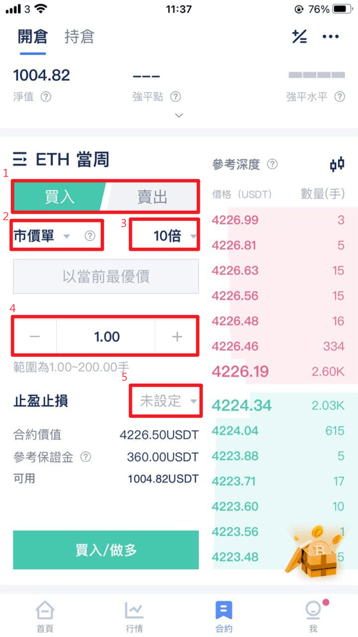 1) 選擇購買或出售。 2) 選擇下單方式:市價下單是按當前價格下單,建議初學者使用。 3) 選擇槓桿。 4) 設定手數。 5) 設定止盈止損。