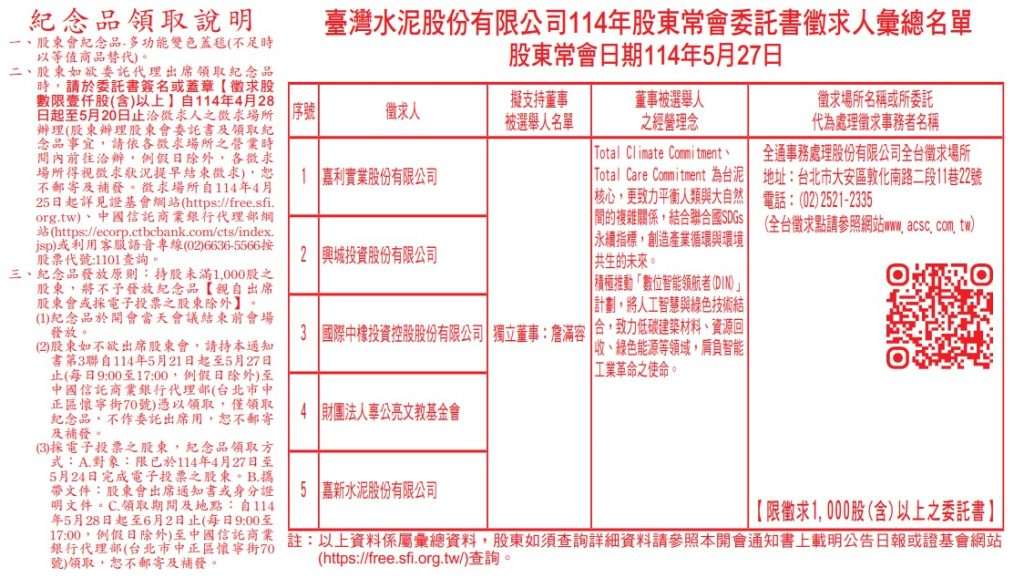 114 年台泥股東會紀念品領取說明