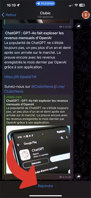 Appuyer sur "Rejoindre" pour rejoindre le canal public