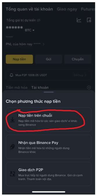 Bước 1-chọn Nạp tiền trên chuỗi trên sàn Binance.
