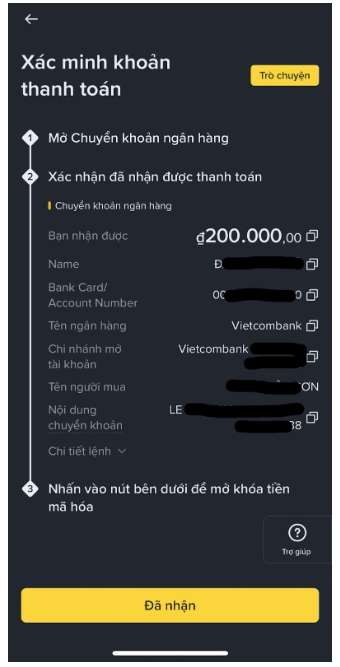 Bước 4-Hãy nhấn nút Đã nhận sau khi bạn đã thật sự nhận tiền từ Binance