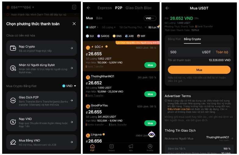 Cách mua coin bằng P2P trên Bybit