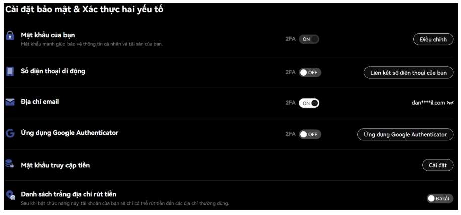 Cài đặt bảo mật & Xác thực 2FA
