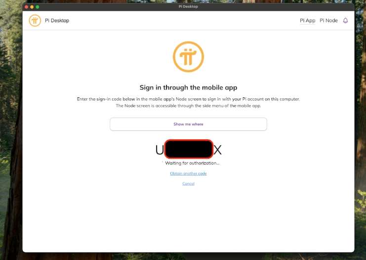 Sau khi bấm chọn Pi App, màn hình sẽ hiển thị một dãy số xác thực