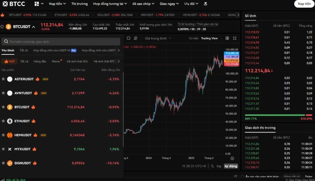 vào giao diện giao dịch để chọn loại sản phẩm