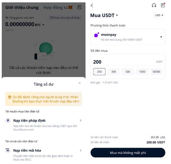 Chọn phương thức mua USDT bằng Moonpay