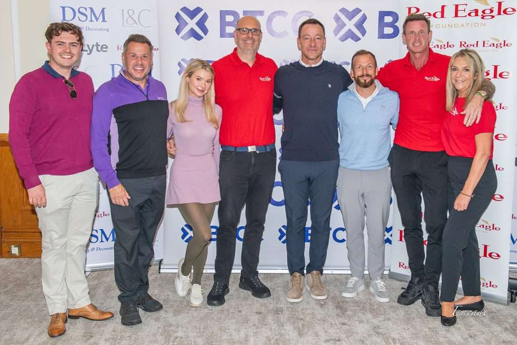Stars of the show at the Red Eagle Foundation charity golf day, including Chelsea legend John Terry and Lucy Robson, alongside Red Eagle Foundation team members and event supporters.