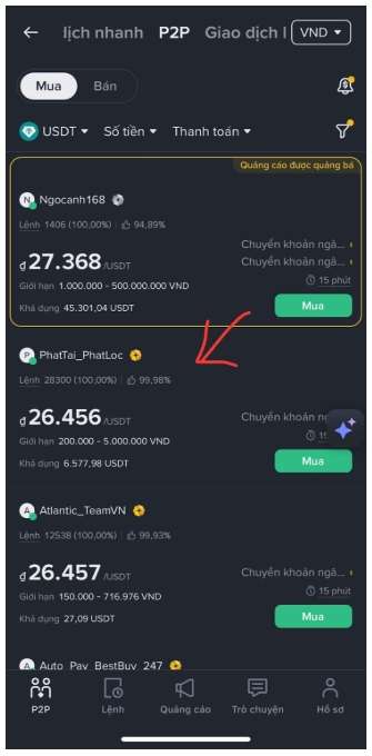List người bán trên Binance