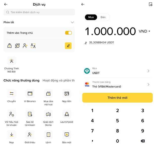 chọn mục “Mua Tiền mã hoá” - “Bằng thẻ tín dụngthẻ ghi nợ” trên binance