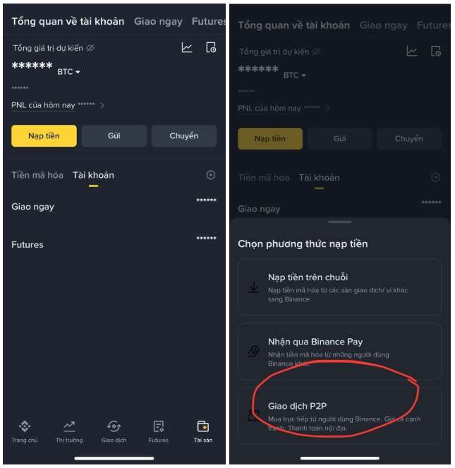 vào mục Tài sản và chọn Nạp tiền trên Binance