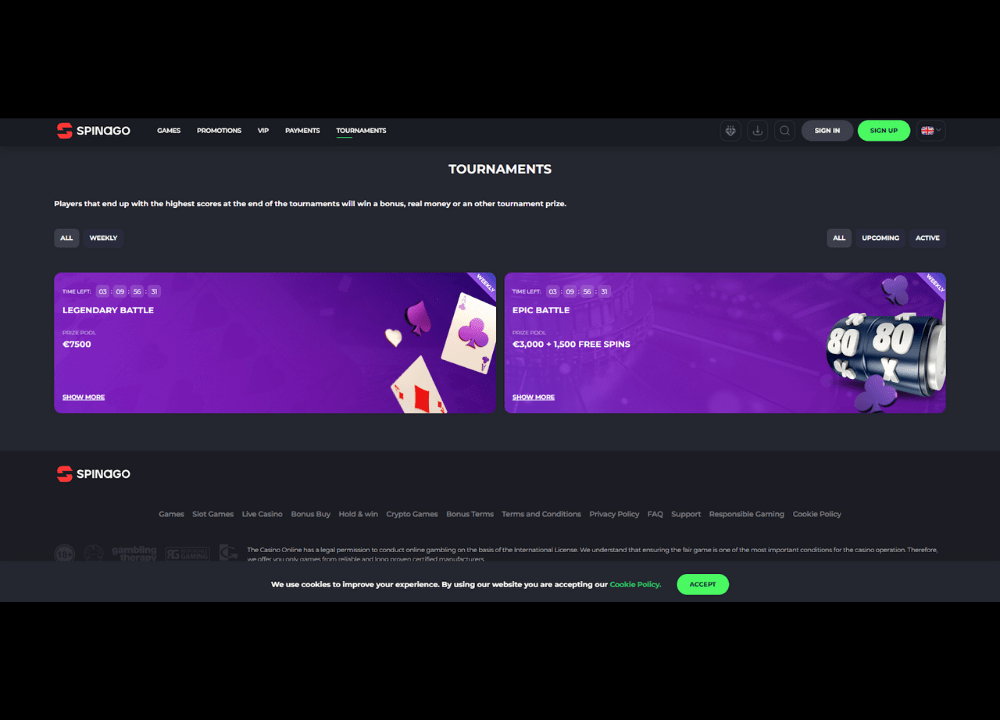 Spinago Casino Game Tournament Page